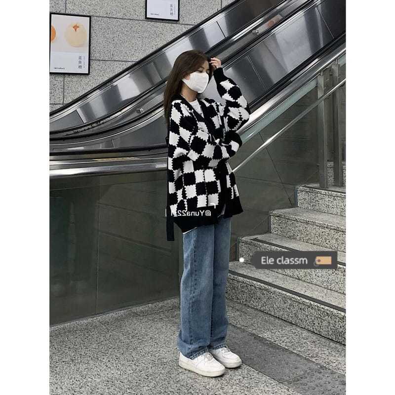 Áo Khoác Cardigan Dệt Kim Dáng Rộng Kẻ Sọc Caro Phong Cách Thu Đông Mới Cho Nữ