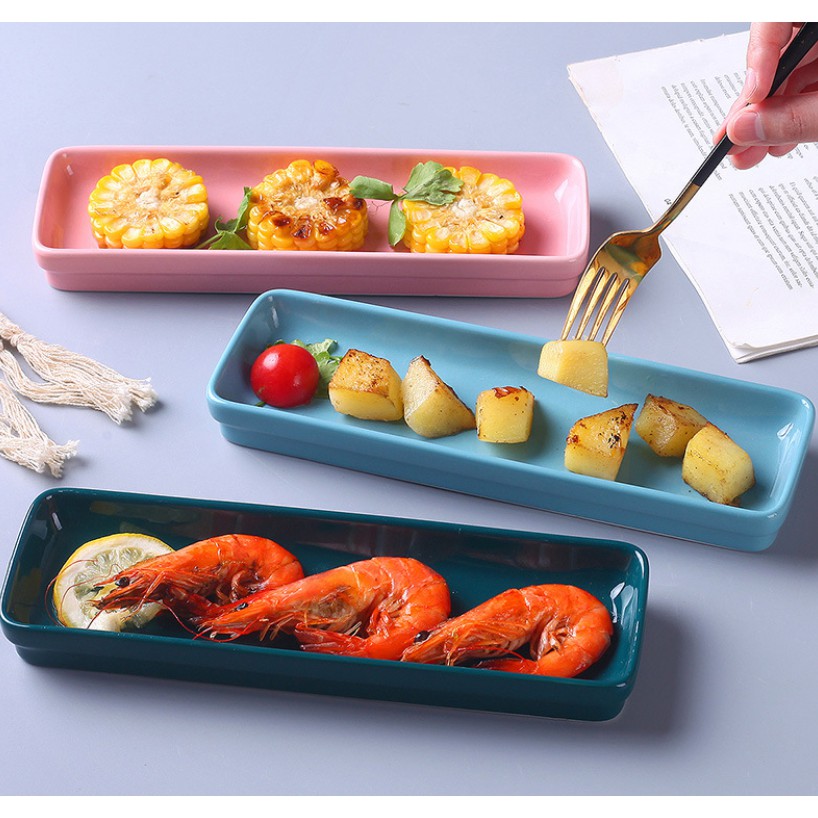 Đĩa sứ hình chữ nhật dáng dài decor, chụp ảnh, bày thức ăn, bánh