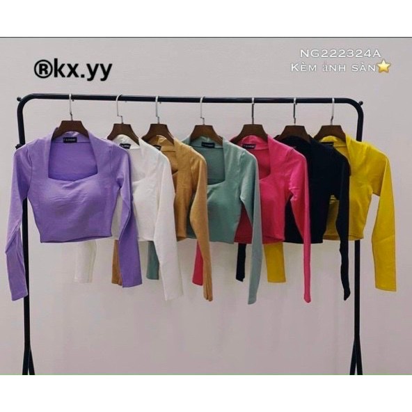 Áo Croptop Kiểu Nữ Tay Dài Cổ Vuông Chất Thun Borip Mịn Có Mút Ngực Style Sexy  By bear.story
