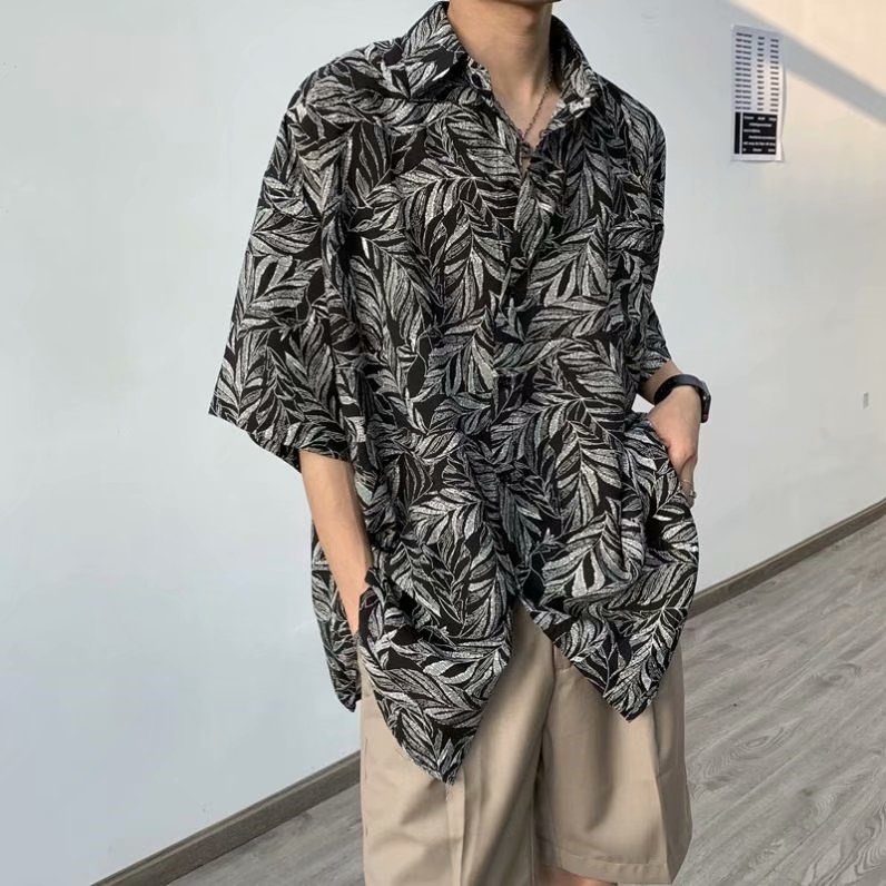 ♞AFF LIGE♞ Áo Sơ Mi Tay Ngắn Dáng Rộng In Họa Tiết Độc Đáo Thời Trang Đi Biển Phong Cách Hàn Quốc Cho Nam