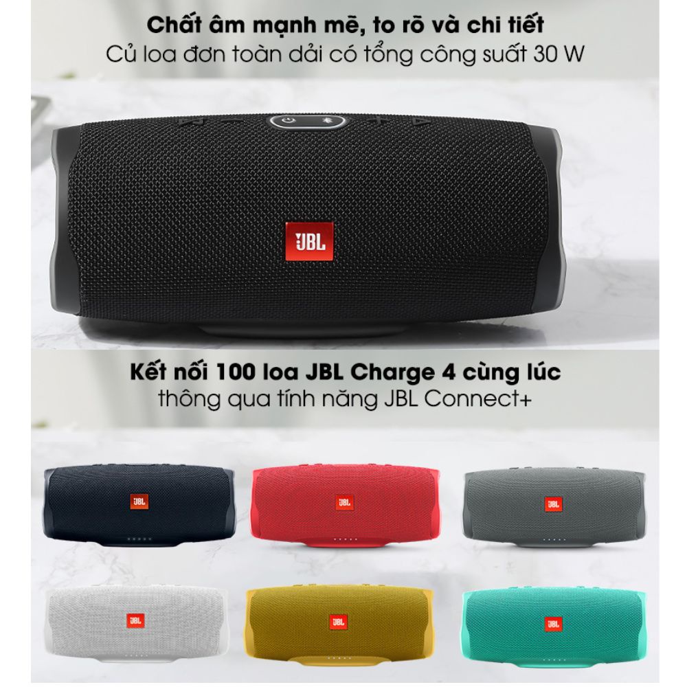 Loa Bluetooth JBL Charge 4 Công Suất 30W Sử Dụng Liên Tục 20h Có Thể Kết Nối 2 Điện Thoại Cùng Lúc Kháng Nước IPX7