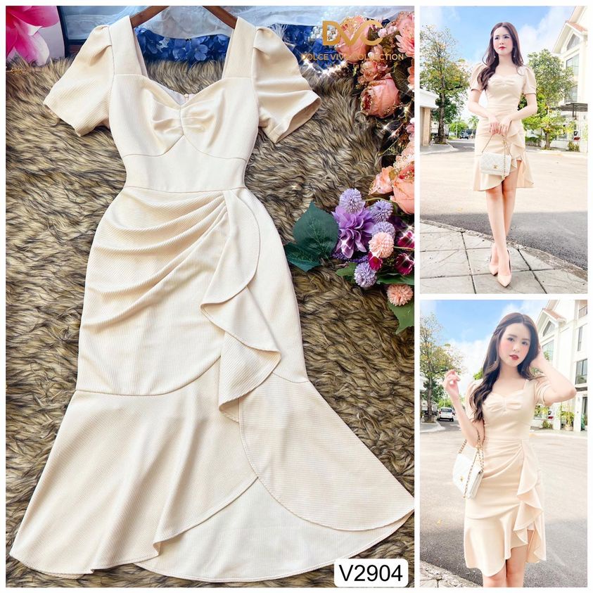 Váy body cổ tim dáng ôm đuôi cá nhún thân tiểu thư V2904