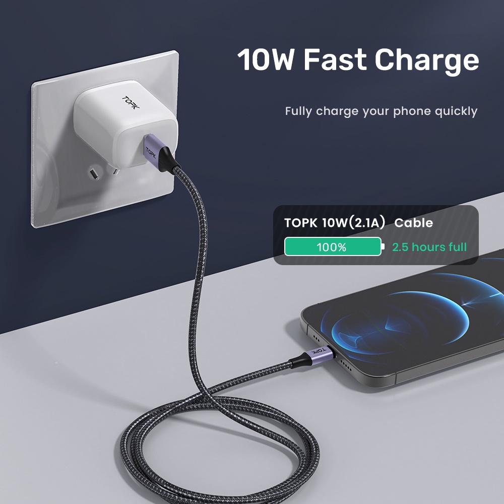 Dây cáp sạc nhanh TOPK An10 0.25m 0.5m 1m 2m thích hợp cho điện thoại iPhone 8-pin