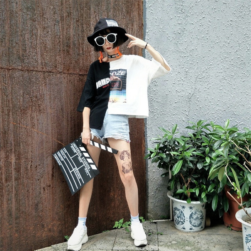 SUXI Áo thun ngắn tay in hình phong cách Hàn Quốc