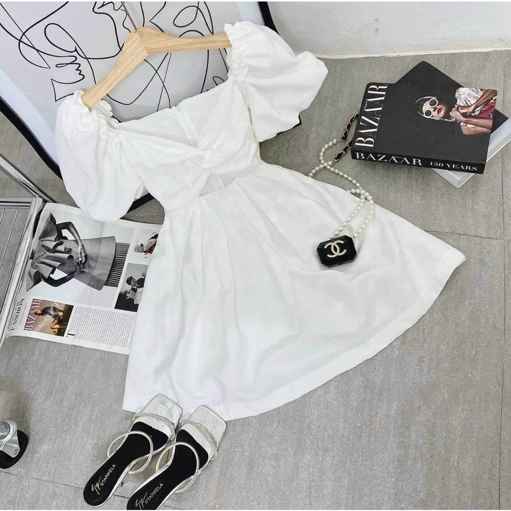 ĐẦM TRẮNG KHOÉT BỤNG TAY PHỒNG NHÚN TENNI DRESS