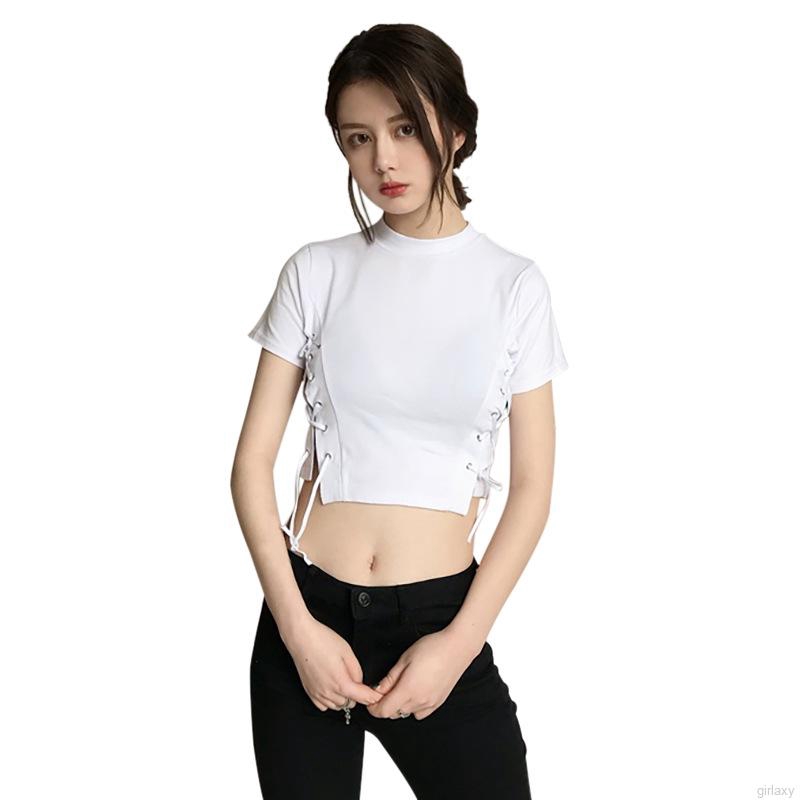 Áo thun ngắn tay màu trơn thiết kế dây rút xinh xắn cho nữ theo phong cách Hàn Quốc