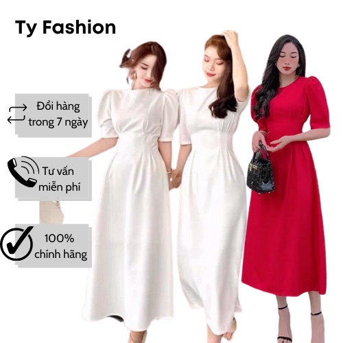Đầm trắng dự tiệc form dài ôm/ xoè tay bo nhúng eo tôn dáng