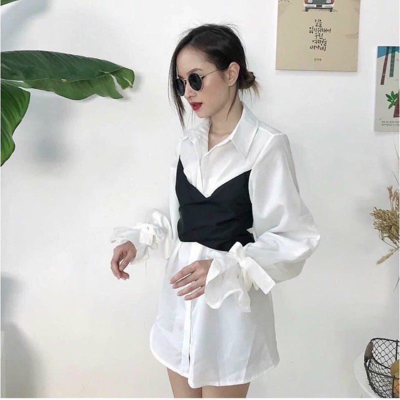 ÁO SƠMI GIẤU QUẦN LIỀN DOUBLE SHIRT DÁNG DÀi TAY ĐẮP CHÉO CỘT NƠ ĐEN PHÍA SAU