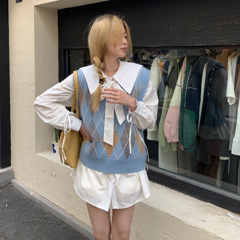 Áo len gile mùa hè form rộng họa tiết kim cương style Hàn Quốc