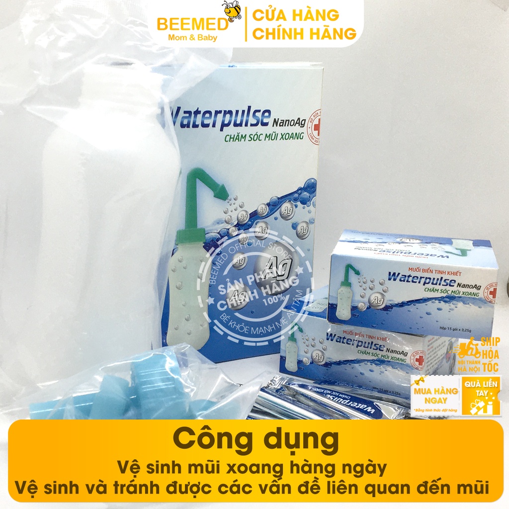 Bình rửa mũi Waterpulse cho người lớn và bé - Rửa sạch vệ sinh mũi xoang từ muối biển tinh khiết có thêm Nano bạc