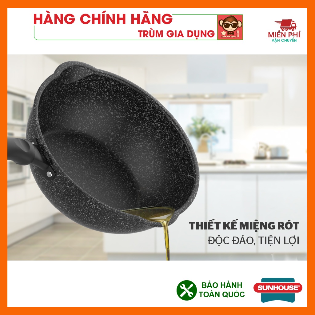 Chảo chống dính bếp từ đáy sâu vân đá, dùng được trên mọi loại bếp, miệng rót, chảo Sunhouse kích thước 20,26,28,30cm