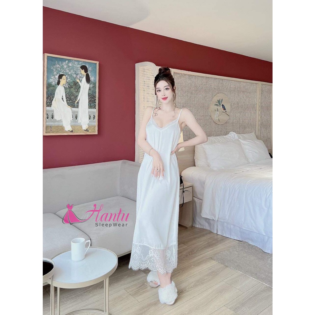 Đầm ngủ lụa dáng dài phối ren gấu Hantu Sleepwear đủ size 40 -100kg nhiều màu sắc | BigBuy360 - bigbuy360.vn