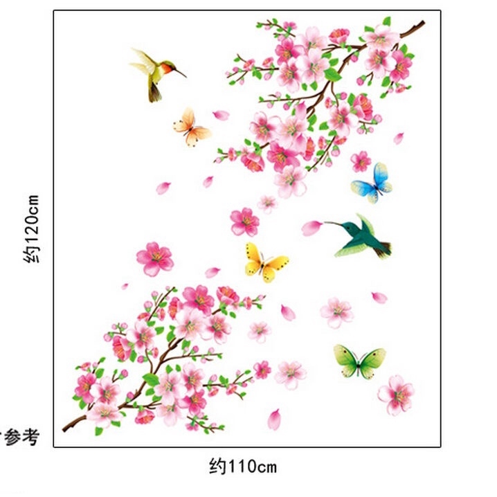 Miếng dán tường trang trí hình dáng nhánh hoa anh đào và chim bướm độc đáo