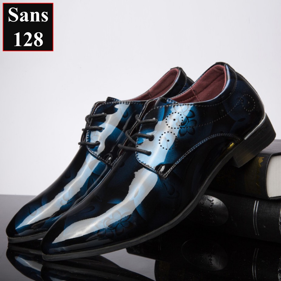 Giày da nam cao cấp họa tiết Sans128 phong cách cá tính buộc dây mũi nhọn giầy oxford men đẹp độc lạ đỏ xanh xám hoa văn