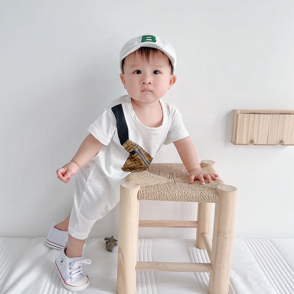 Bộ Áo Liền Quần Vải Cotton Tay Ngắn In Họa Tiết Dễ Thương Cho Bé Trai Sơ Sinh
