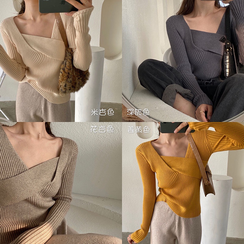 Áo Dệt Kim Tay Dài Cổ Chữ V Thời Trang Hàn Quốc Cho Nữ