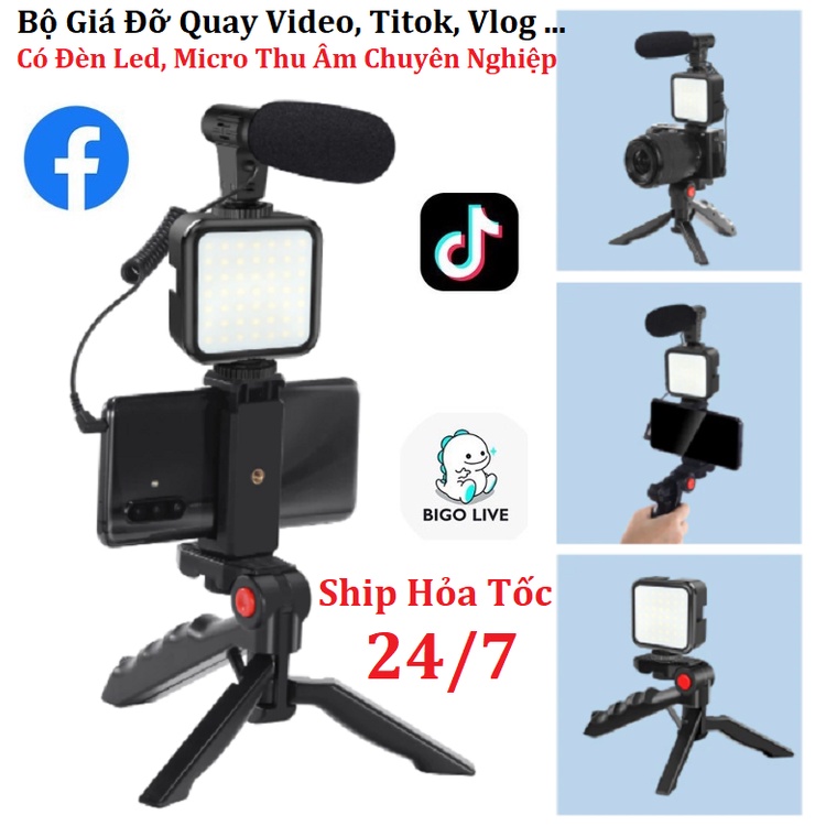 Trọn Bộ Chuẩn Hình Giá Đỡ Kẹp Thoại Thoại Máy Ảnh Chuyên Nghiệp - Tích Hợp Micro Thu Âm - Đèn Led Trợ Sáng - Vlog Kit