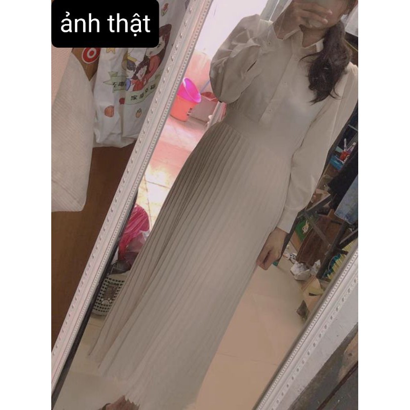 Đầm sơ mi chic dài tay dáng xòe xếp ly màu quả mơ Hàn Quốc