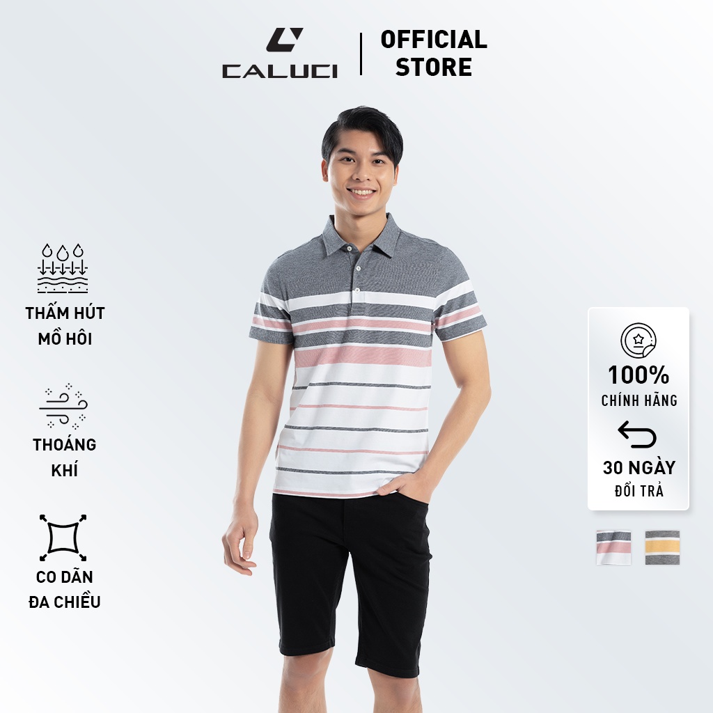 Áo polo nam CALUCI thiết kế cổ đức, dáng suông nhẹ, họa tiết kẻ ngang, chất liệu vải mềm mại và co dãn tốt MPS209R