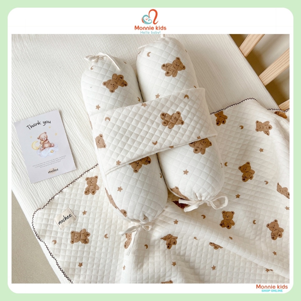 Chặn lụa cotton trần bông hình gấu cho bé Mochee, chặn bông họa tiết cho trẻ - Monnie Kids
