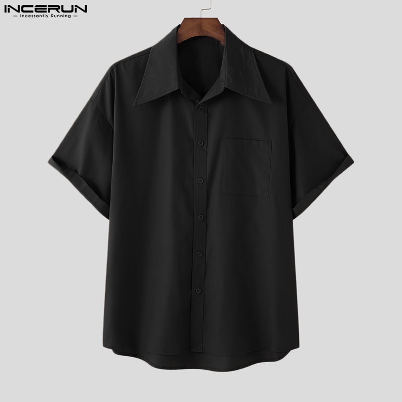 Áo sơ mi nam Incerun tay ngắn có cổ cài nút màu trơn trang trọng
