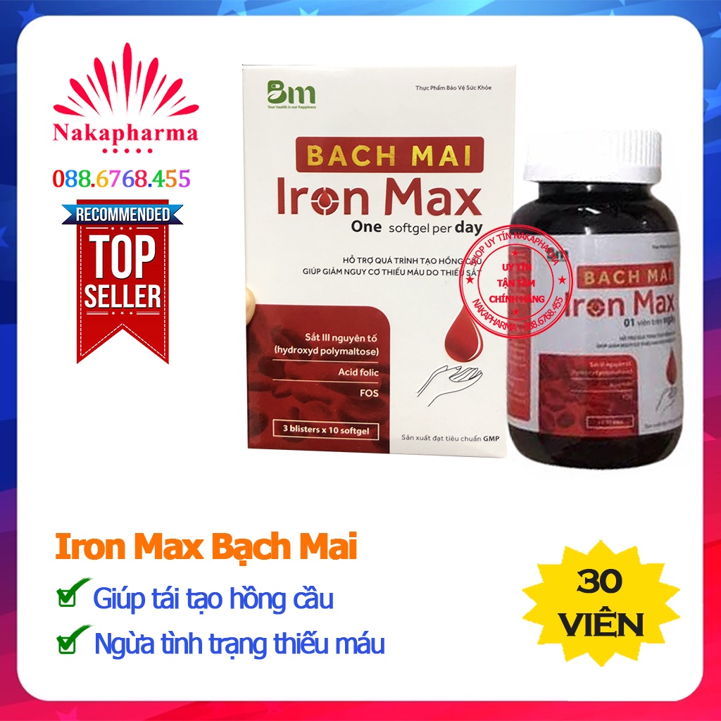 [KÈM QUÀ] Viên bổ máu Iron Max Bạch Mai –Giúp bổ sung sắt, acid folic cho phụ nữ mang thai và cho con bú, ngừa thiếu máu
