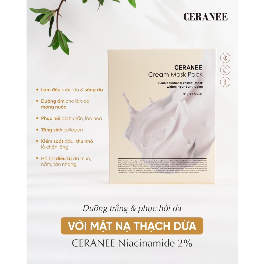 [Chính hãng] Mặt nạ Ceranee mặt nạ dừa tươi trắng da, dạng kem dưỡng chống lão hóa, phục hồi da Ceranee Hàn Quốc