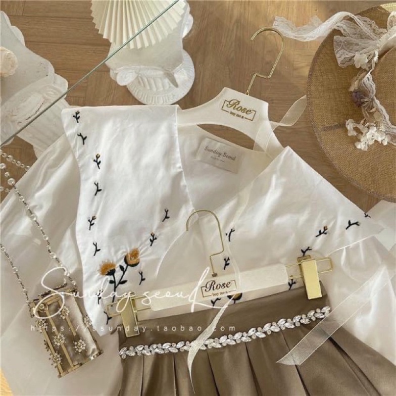 Áo sơ mi thêu hoa vitage hàng mới_007 ulzzang babydoll bánh bèo nội y xanh