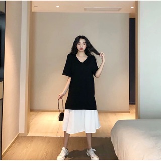 (Order) bigsize Đầm dáng dài đuôi cá phối đen trắng