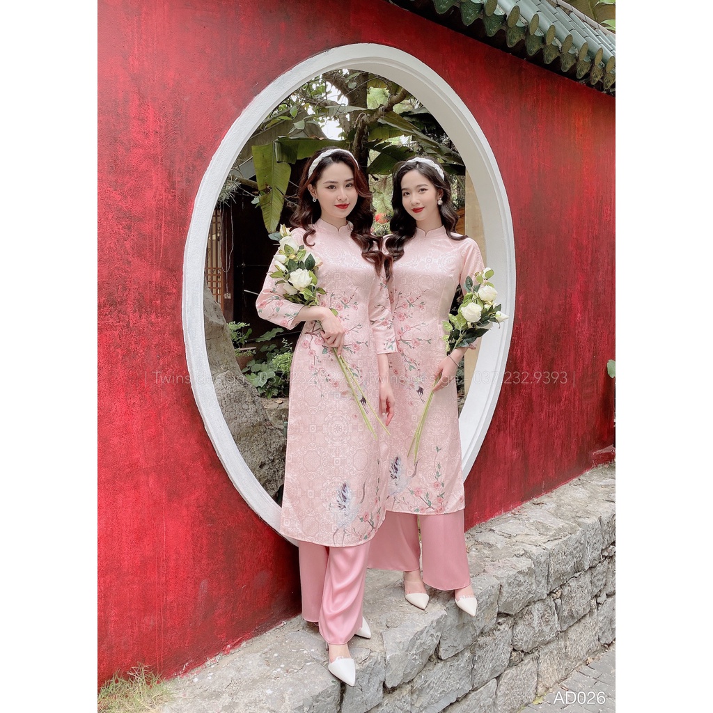 Áo dài dáng ôm KÈM QUẦN, áo dài cách tân TWINS STORE in hoa, chất gấm cao cấp - AD026