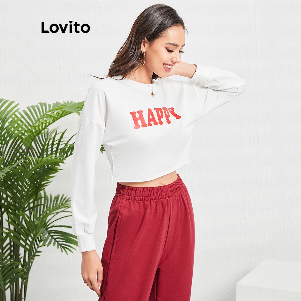 Áo sweatshirt Lovito giáng sinh kiểu thể thao in chữ tay dài L05086 (trắng) | BigBuy360 - bigbuy360.vn