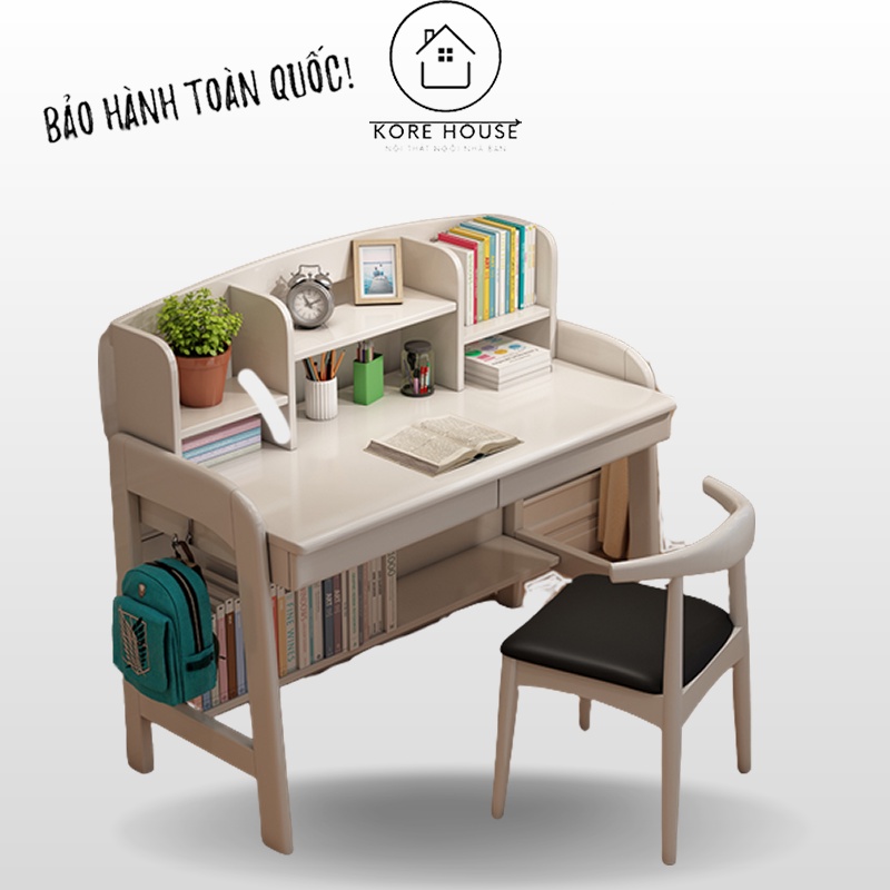 Bàn Học Cho Bé, Bàn Học Gỗ Tự Nhiên Liền Kệ Sách Điều Chỉnh Chiều Cao Chống Gù - Oai Homes