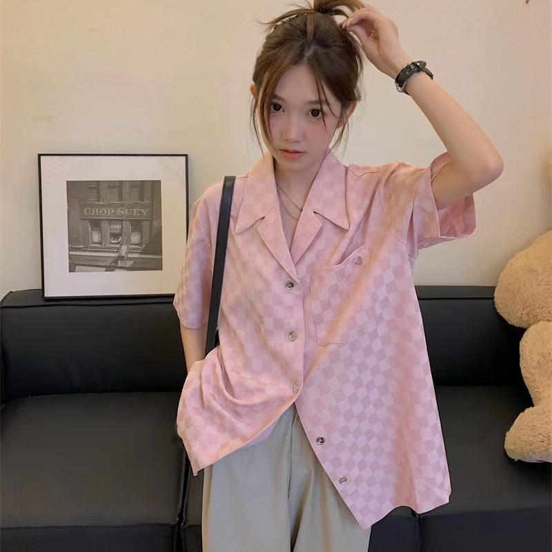 Áo Sơ Mi Tay Ngắn Họa Tiết Sọc Caro Thời Trang Mùa Hè Cho Nữ