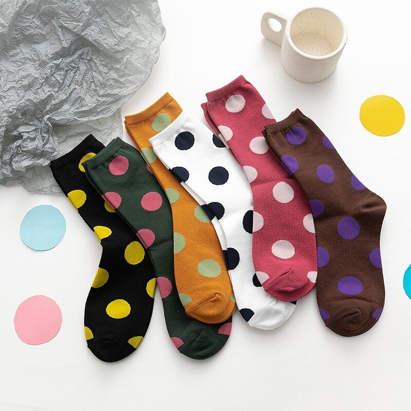 Sweet Dotted Pattern Cotton Girls Crew Socks Fashion Colorful Korean Students Soft Solid Sport Casual Hosiery Elastic Women Socks