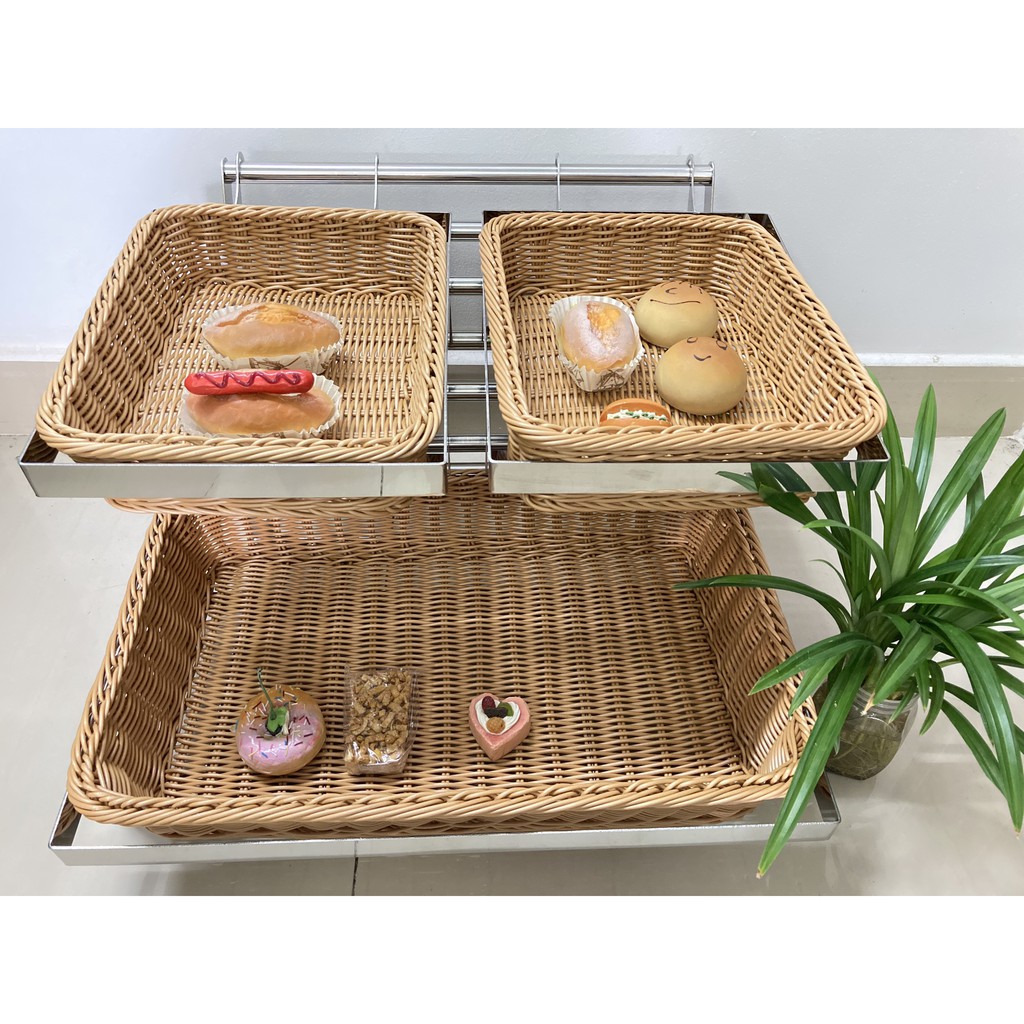 Kệ trang trí, trung bày, bánh mì, trái cây 2 tầng có rổ vuông