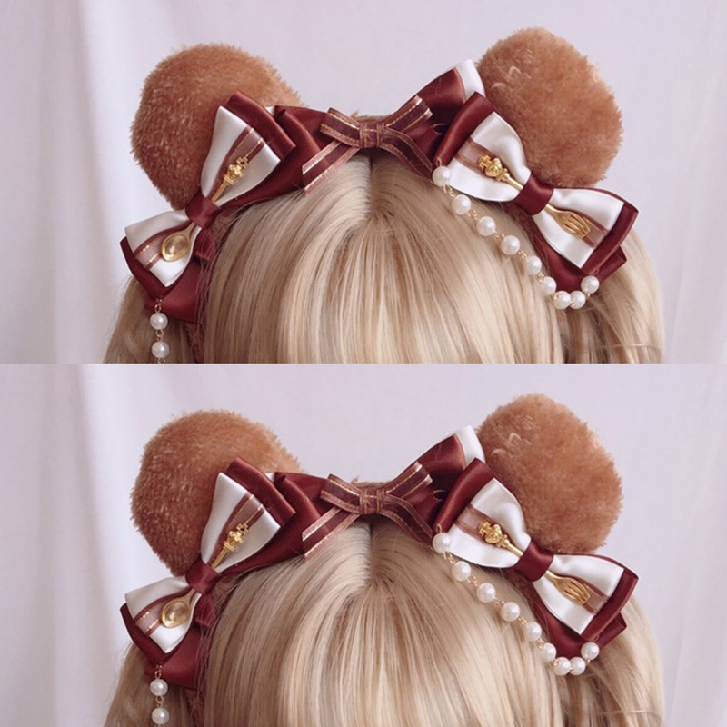 Cài tóc tai gấu bằng vải lông trang trí nơ và chuỗi hạt ngọc trai nhân tạo lolita dễ thương cho tiệc hóa trang anime