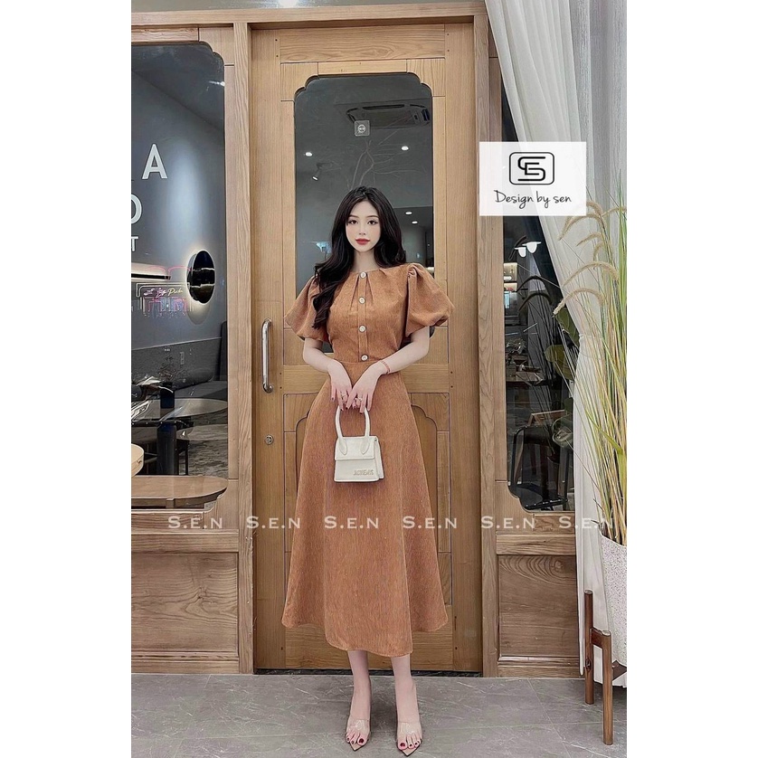[10.10 Sales Freeship] Đầm nữ dáng suông dài vintage, đầm nhung tăm cổ tròn tay phồng đính nút đi tiệc sang trọng dx