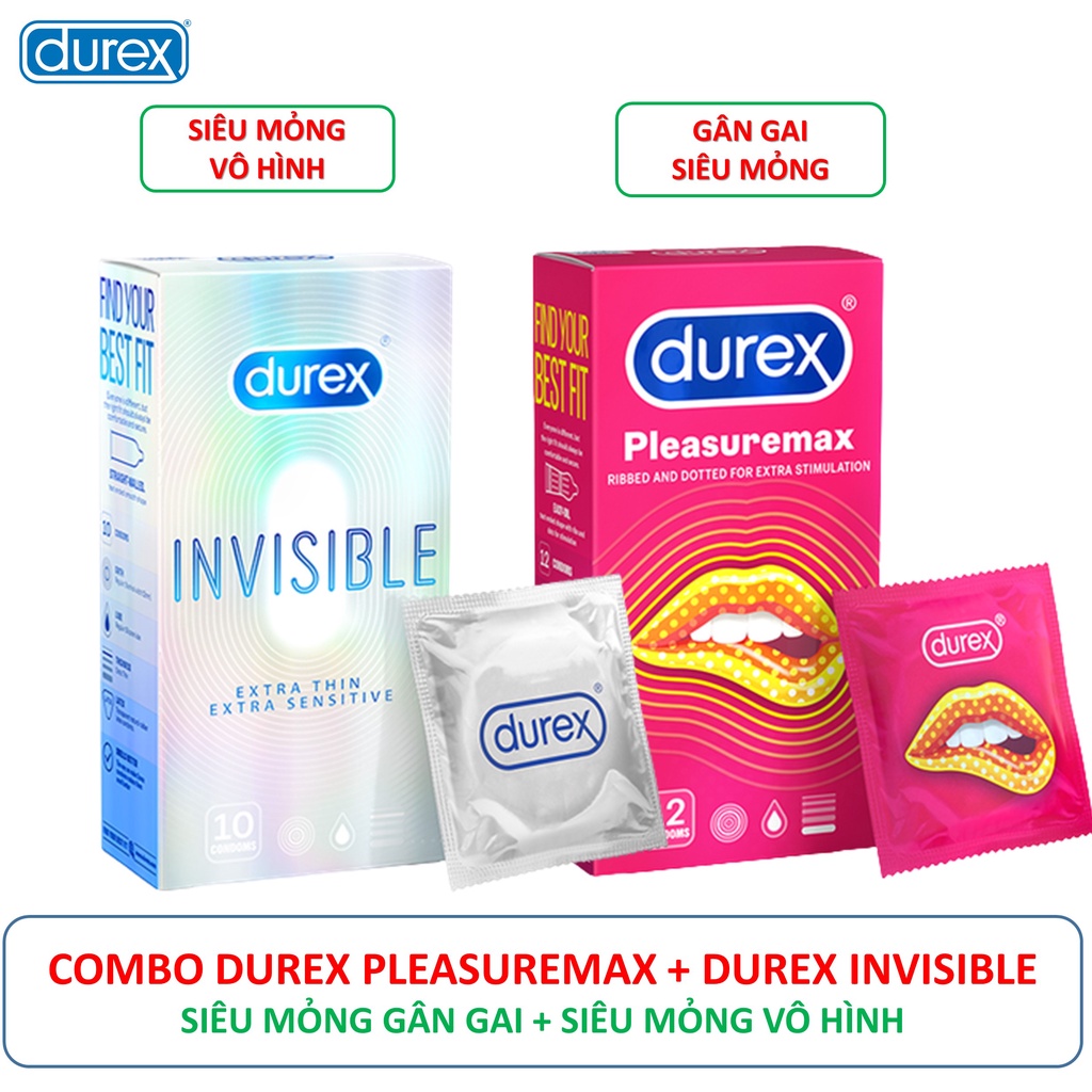 COMBO 12 Bao cao su gân gai Durex Pleasuremax +10 Bao cao su siêu mỏng vô hình Durex Invisible