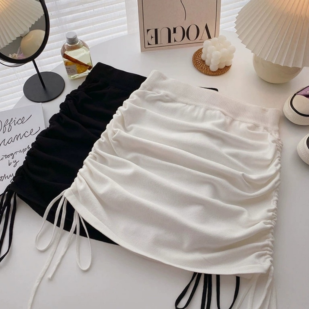 Chân Váy Rút Dây Dáng Chữ A Váy Ngắn Trắng Đen Chất Liệu Thun Cotton Trơn Co Gian Dưới 53kg