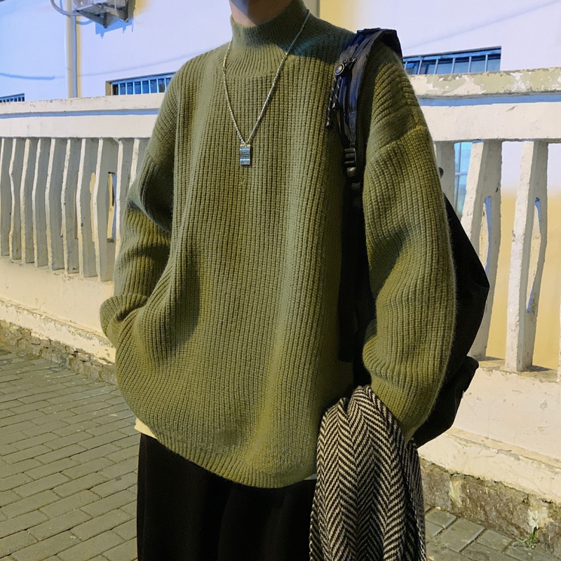Áo len sweater nam form rộng cổ tròn ulzzang unisex, Áo sweater len oversize tay dài xẻ vạt màu xanh hottrend học sinh