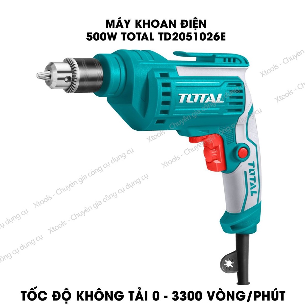 Máy khoan cầm tay TOTAL TD2051026E công suất 500w, tốc độ 3300rpm, khả năng khoan 1.0-10mm, có chỉnh tốc độ, điện áp 220