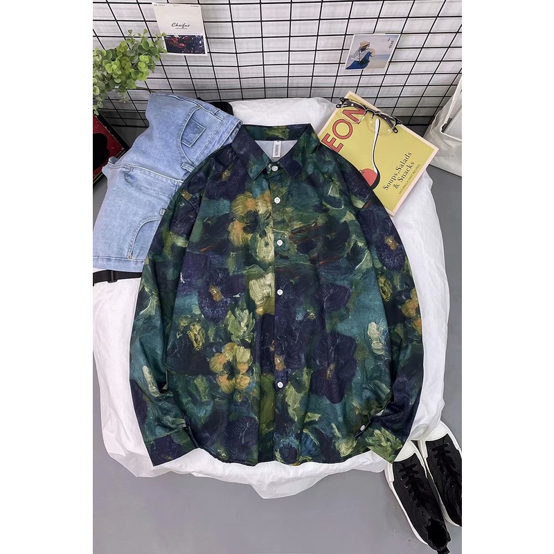 Áo sơ mi dài tay dáng rộng thời trang in tranh sơn dầu phong cách Hàn Quốc