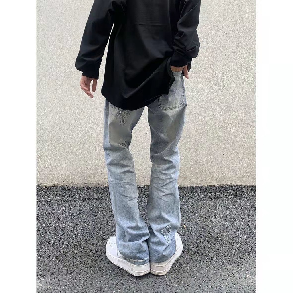 Quần jean lưng cao hoạ tiết chữ thập phong cách Âu Mỹ đường phố 2021