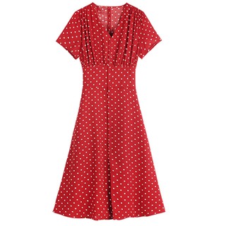 Váy chấm bi màu đỏ cổ V ( Order)