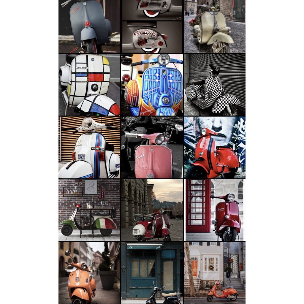 SET 25 TẤM DECAL POSTER DÁN TƯỜNG CHỦ ĐỀ VESPA CỔ TRANG TRÍ CỬA HÀNG/CAFE CỔ ĐIỂN VINTAGE