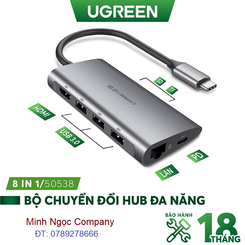 HUB 8 in 1 bộ chuyển USB Type C sang HDMI/Hub/USB 3.0/SD/TF/Lan Gigabit Ugreen 50538 cao cấp