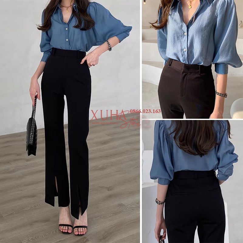 Quần ống loe xẻ gấu trước cạp cao tôn dáng màu đen - Quần tây ống loe lưng cao xẻ tà ống vẩy cá đính điệu công sở hẹn hò