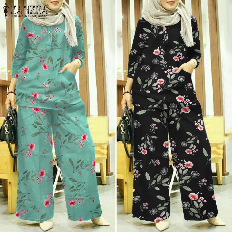 Zanzea Set Áo Tay 3 / 4 + Quần Dài Ống Rộng Phong Cách Hồi Giáo Cho Nữ
