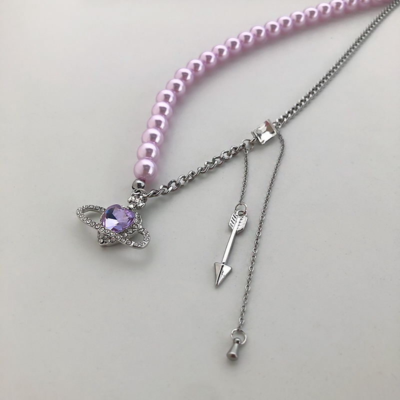 Vòng cổ gắn hạt ngọc trai tím mặt trái tim phong cách hip hop