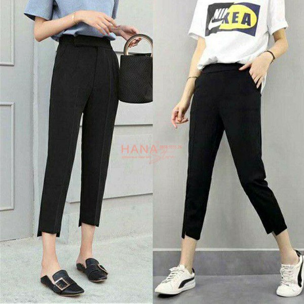 Quần tây baggy nữ ống lệch gấu lệch 9 tấc công sở cạp lưng cao dáng dài màu đen - Vải tuyết mưa - Mặc đi làm đi học xinh